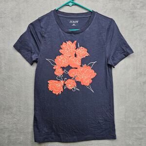 J.Crew Floral Graphic Tee Navy Coral Roses Casual Soft Cotton Size XS